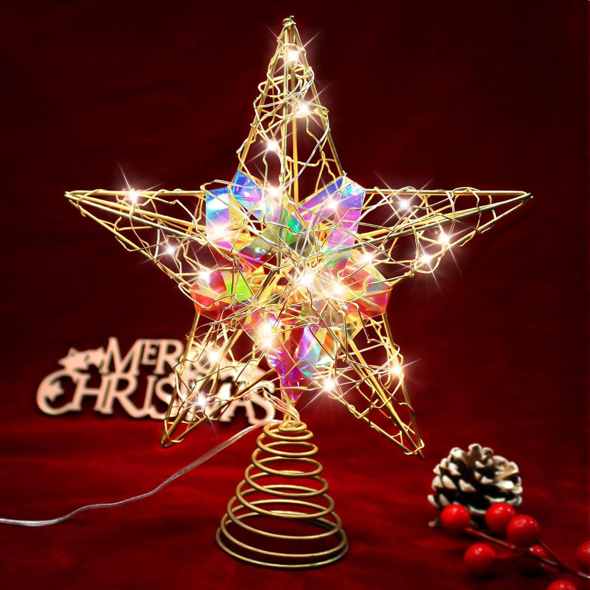 The Holiday Aisle Christmas Star Tree Topper With 20 LED Lights Battery Operated 9 Inch Metal Hollow Design Easy To Install Christmas Tree Decorations For Holiday And Christmas Home Decor Colorful Way...